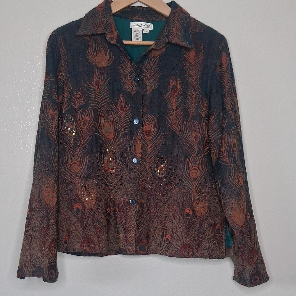 Coldwater Creek Fine 100% Wool Peacock Feathers Art-Wear Blazer Jacket Lined S